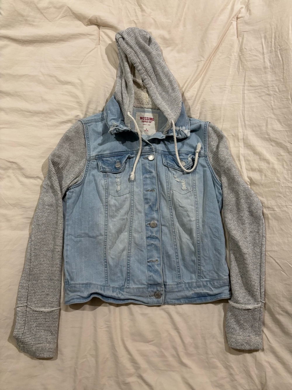 Mossimo Supply Co. Denim Jacket with Black and White Striped Hood & Sleeves